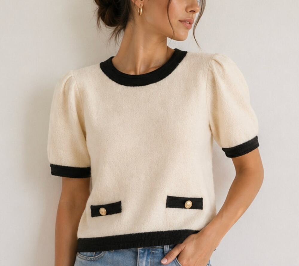 English Factory Cream Puff Sleeve Sweater Top Black Trim Gold M